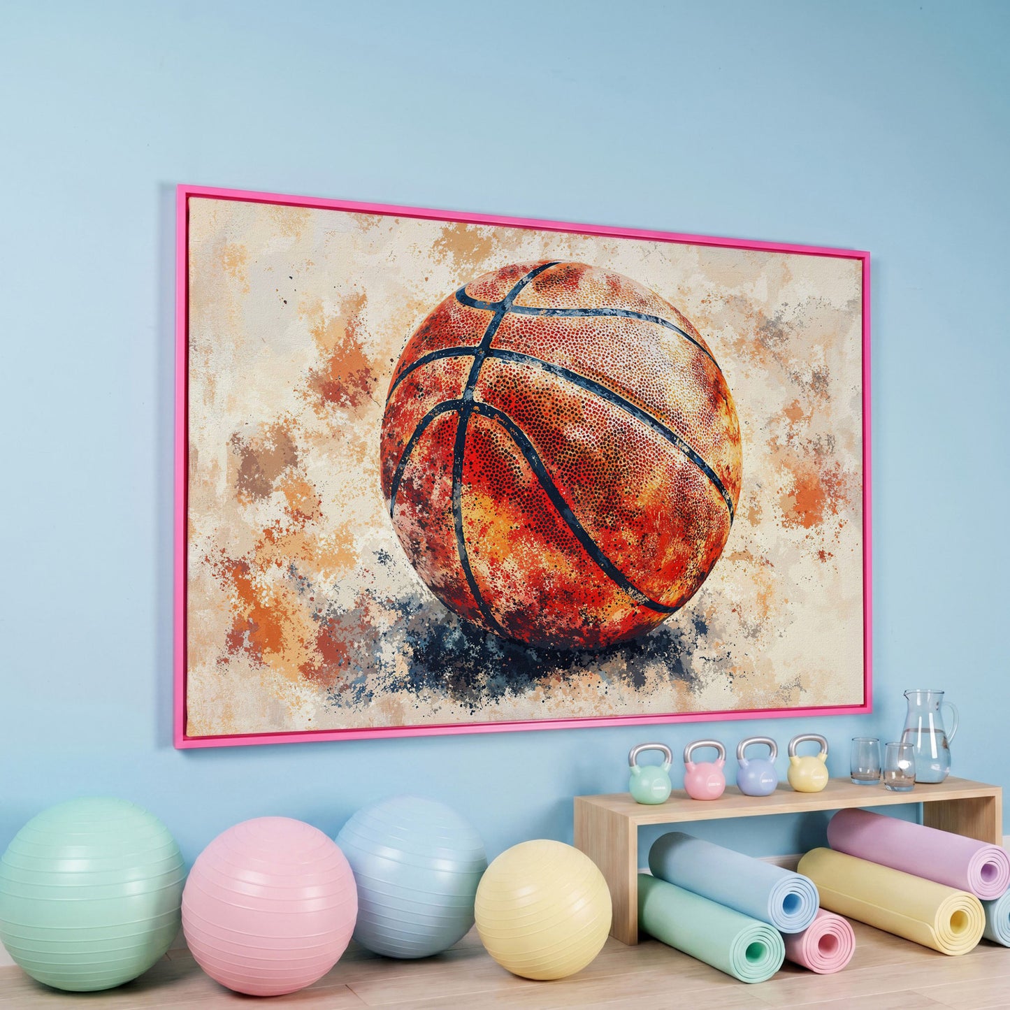 Basketball Canvas Print in Burnt Sienna in pink floating frame