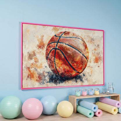 Basketball Canvas Print in Burnt Sienna in pink floating frame