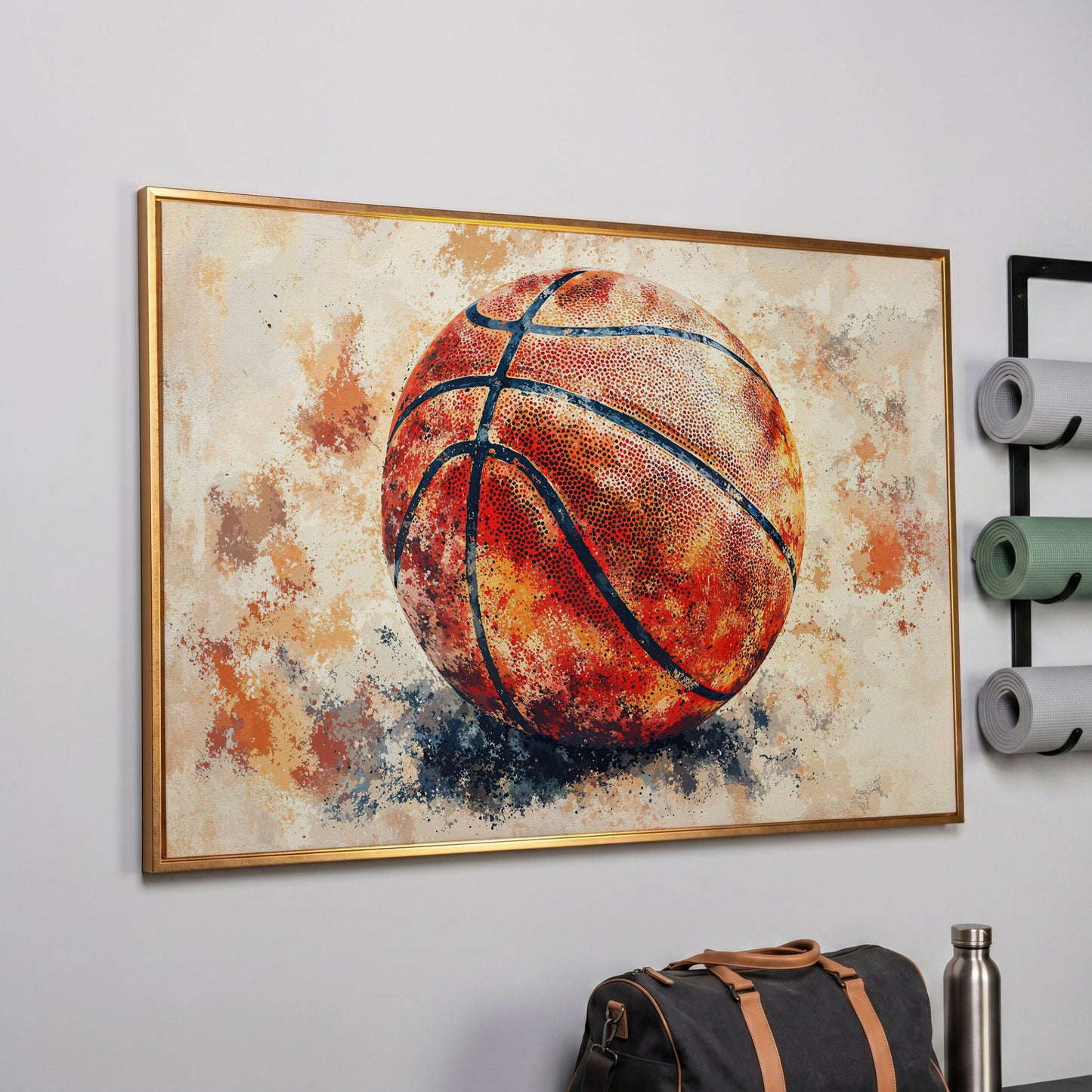Basketball Canvas Print in Burnt Sienna in rose gold floating frame