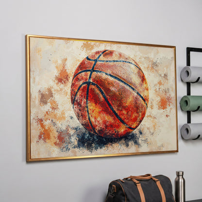 Basketball Canvas Print in Burnt Sienna in rose gold floating frame