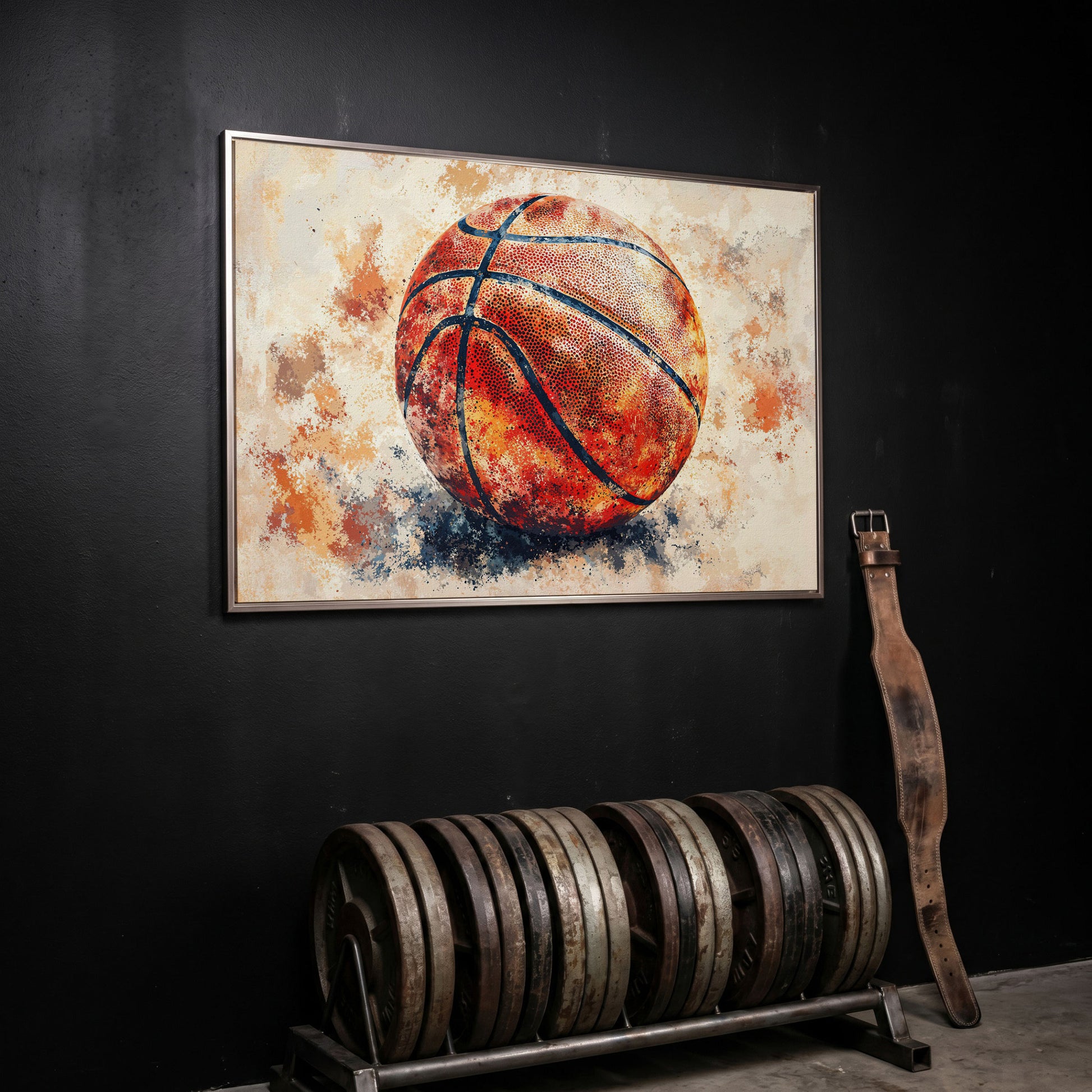 Basketball Canvas Print in Burnt Sienna in silver floating frame