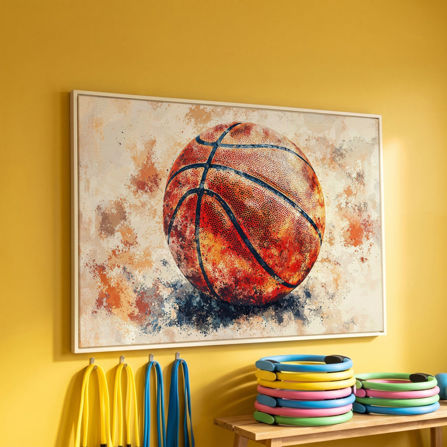 Basketball Canvas Print in Burnt Sienna in white floating frame