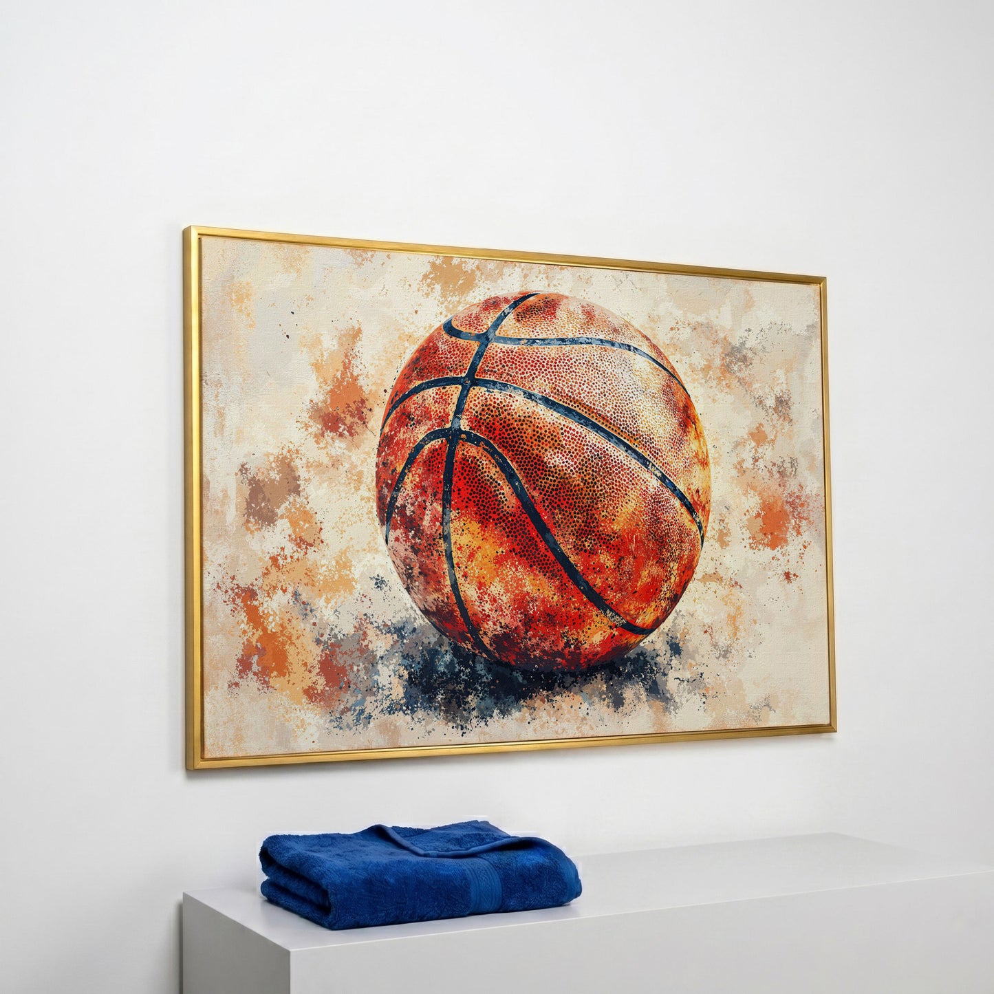 Basketball Canvas Print in Burnt Sienna in yellow gold floating frame