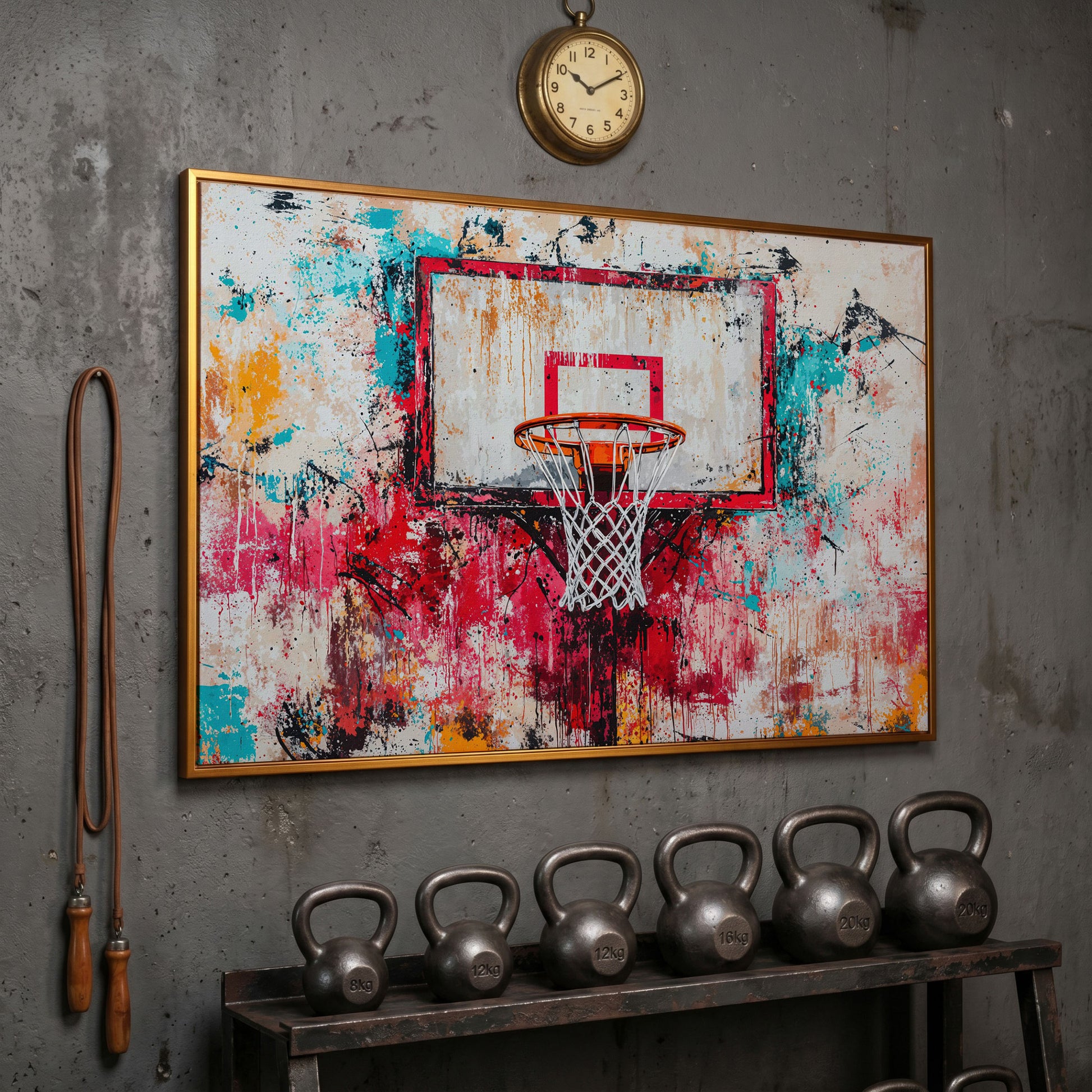 Colorful Basketball Hoop Canvas Print for Boy's Room in antique gold floating frame