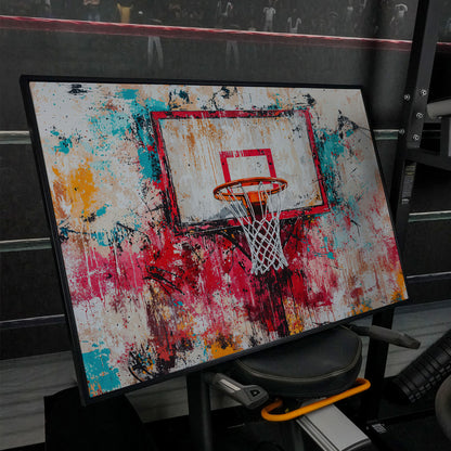 Colorful Basketball Hoop Canvas Print for Boy's Room in black floating frame