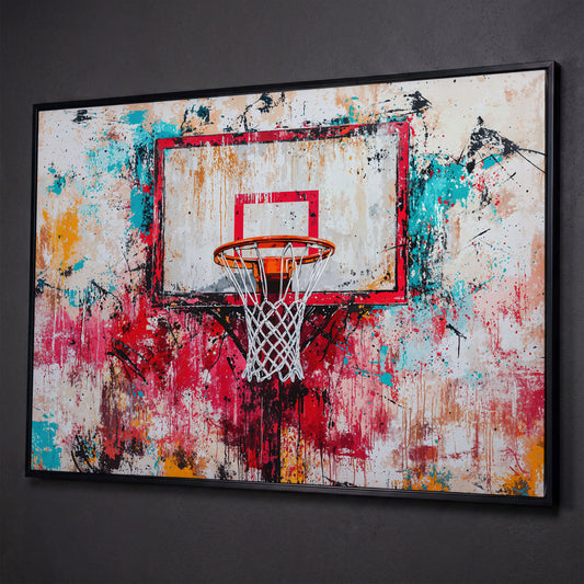 Colorful Basketball Hoop Canvas Print for Boy's Room shown in black floating frame