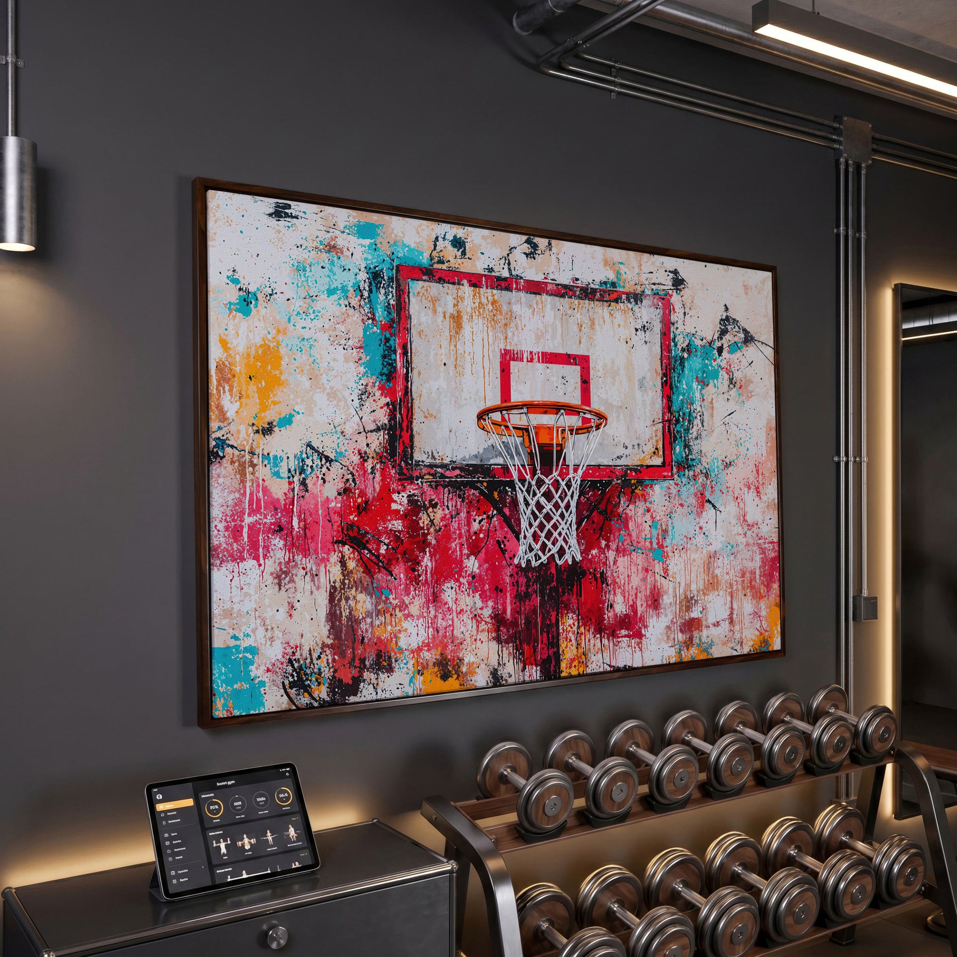 Colorful Basketball Hoop Canvas Print for Boy's Room in dark walnut floating frame