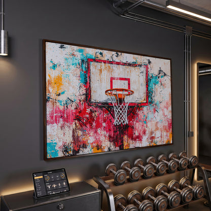 Colorful Basketball Hoop Canvas Print for Boy's Room in dark walnut floating frame