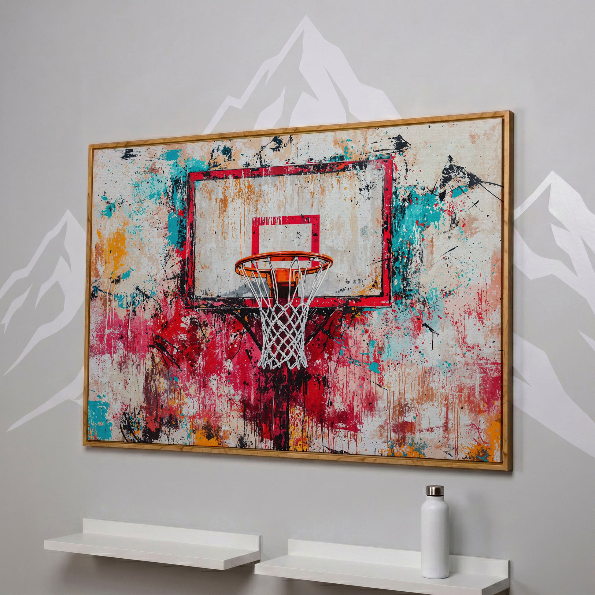 Colorful Basketball Hoop Canvas Print for Boy's Room in white oak floating frame