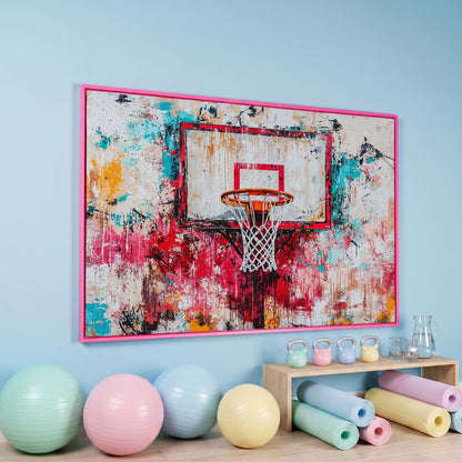 Colorful Basketball Hoop Canvas Print for Boy's Room in pink floating frame