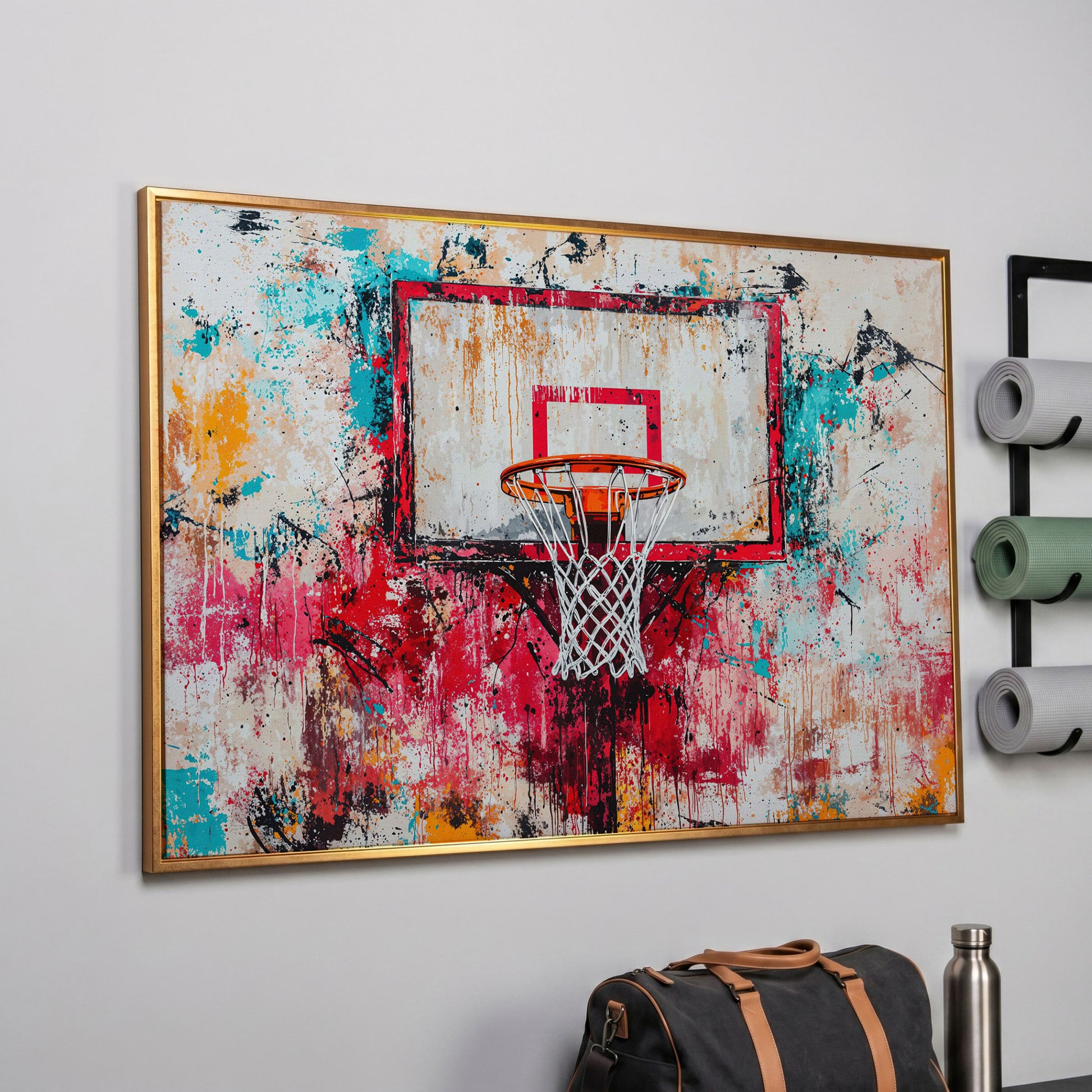 Colorful Basketball Hoop Canvas Print for Boy's Room in rose gold floating frame