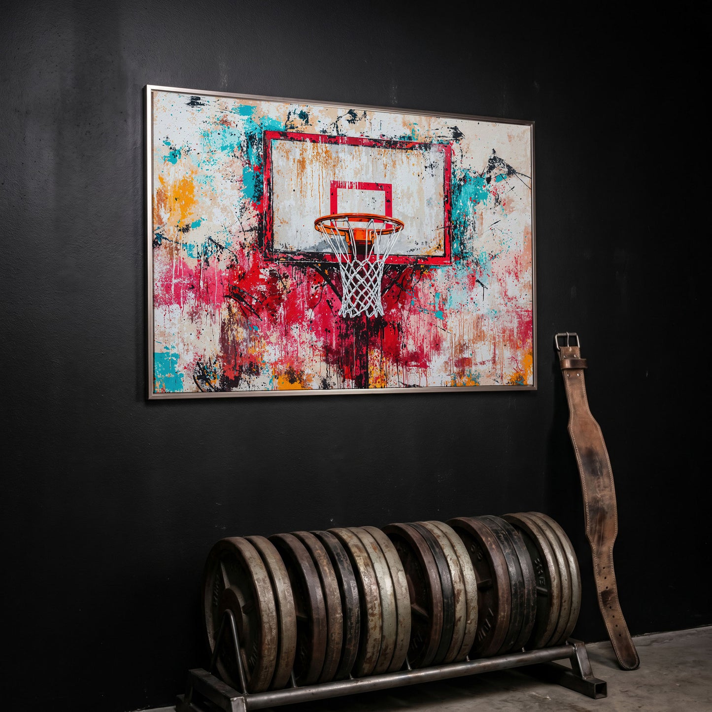 Colorful Basketball Hoop Canvas Print for Boy's Room in silver floating frame