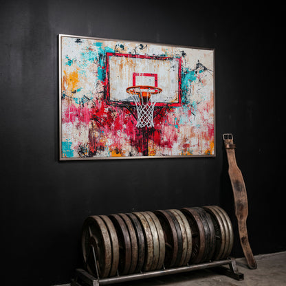 Colorful Basketball Hoop Canvas Print for Boy's Room in silver floating frame