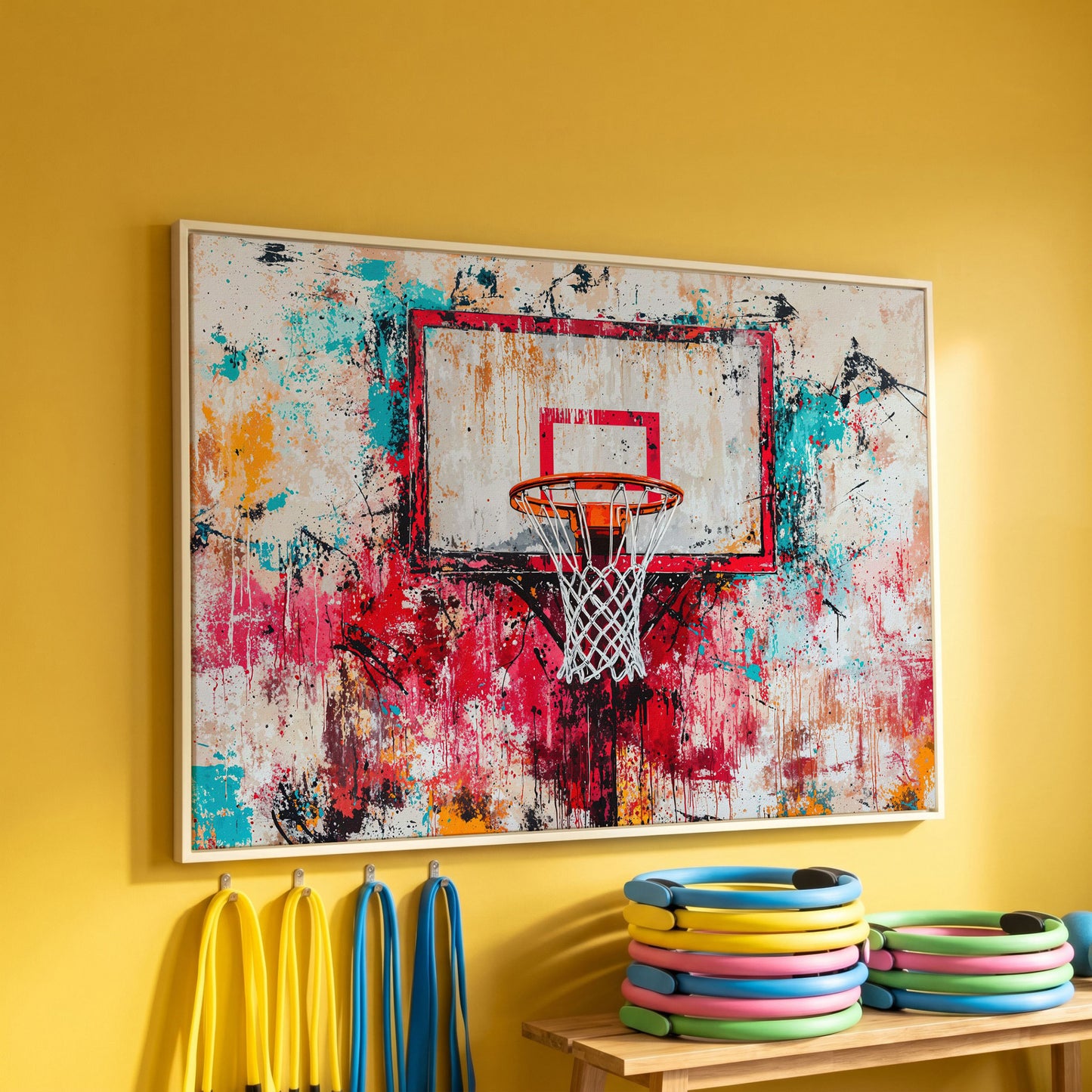 Colorful Basketball Hoop Canvas Print for Boy's Room in white floating frame