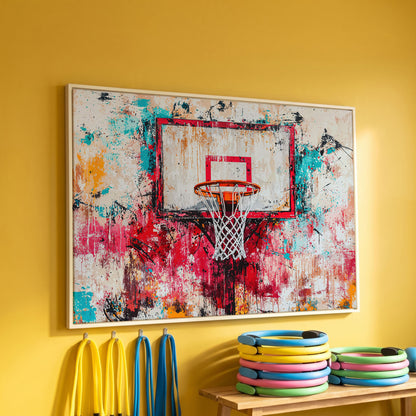 Colorful Basketball Hoop Canvas Print for Boy's Room in white floating frame