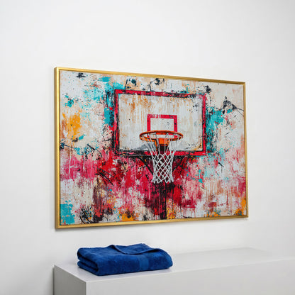 Colorful Basketball Hoop Canvas Print for Boy's Room in yellow gold floating frame