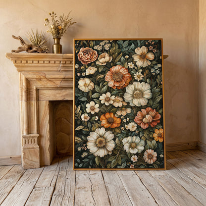 William Morris Floral Canvas Print, Olive & Burnt Sienna on Dark in antique gold floating frame