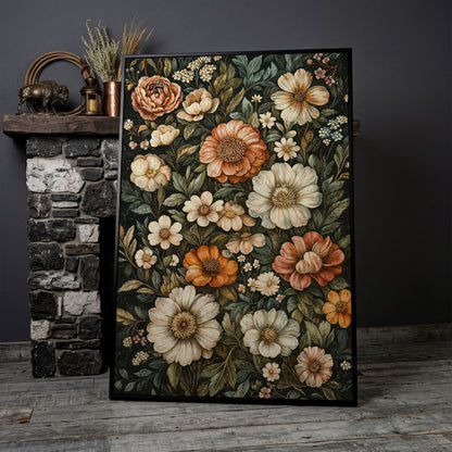 William Morris Floral Canvas Print, Olive & Burnt Sienna on Dark in black floating frame