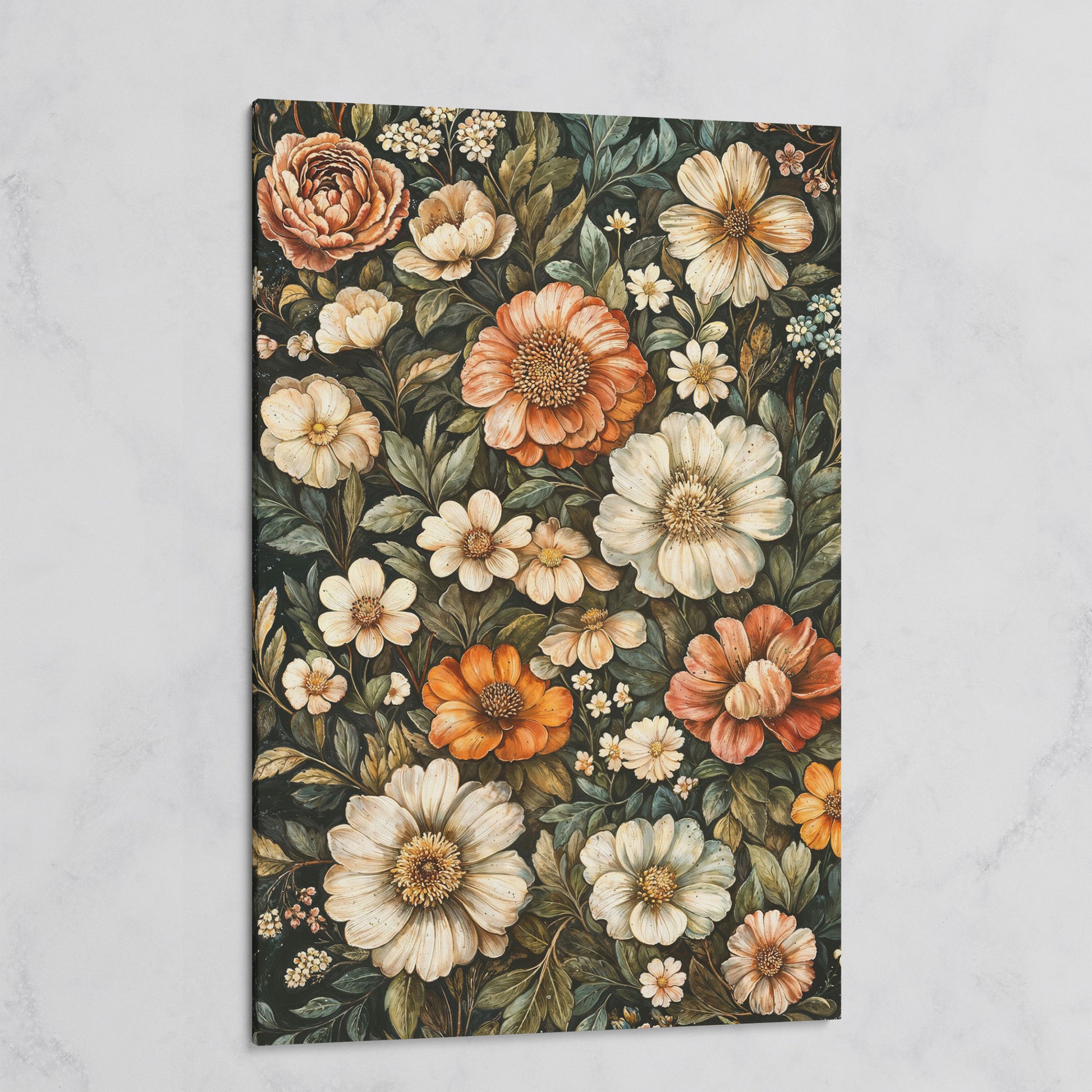 William Morris Floral Canvas Print, Olive & Burnt Sienna on Dark on gallery wrap