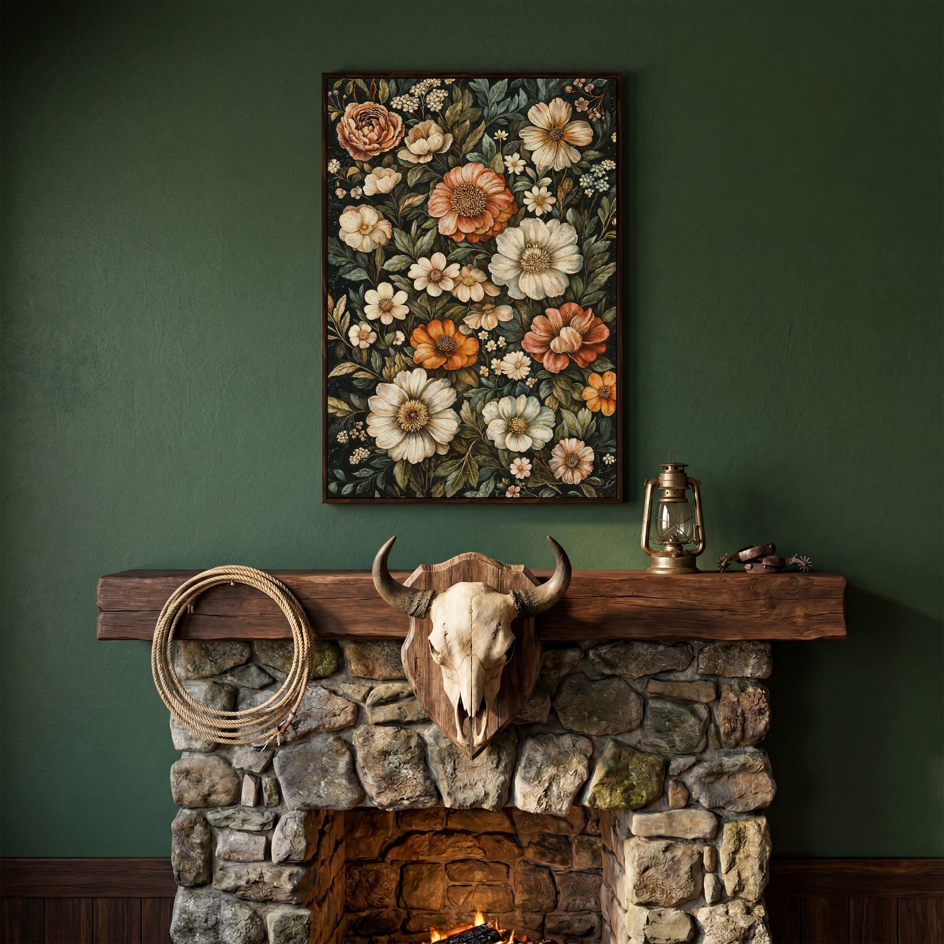 William Morris Floral Canvas Print, Olive & Burnt Sienna on Dark in dark walnut floating frame