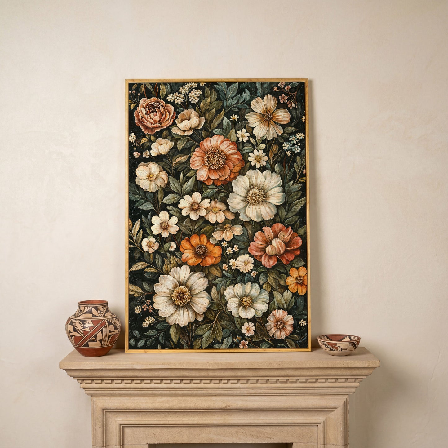 William Morris Floral Canvas Print, Olive & Burnt Sienna on Dark in white oak floating frame