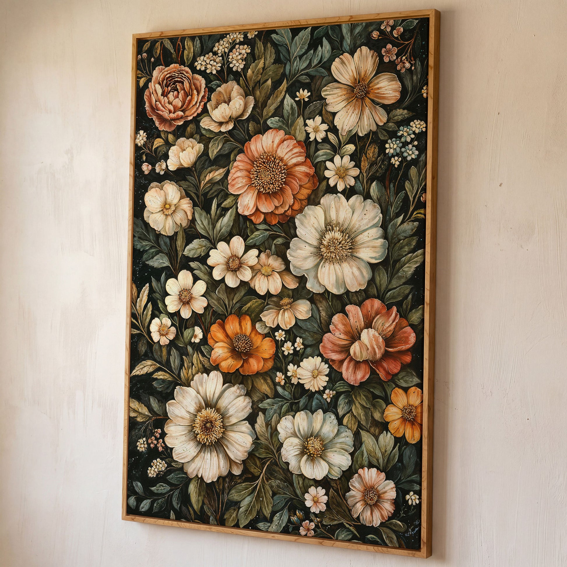 William Morris Floral Canvas Print, Olive & Burnt Sienna on Dark shown in white oak floating frame