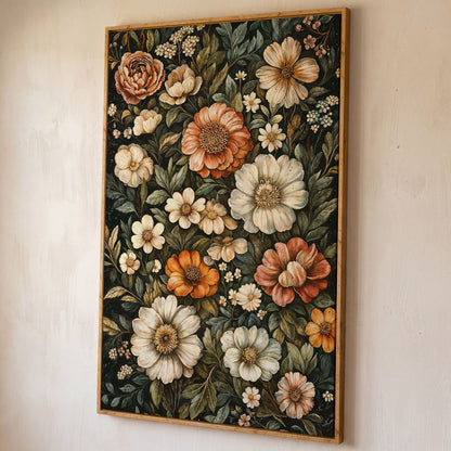 William Morris Floral Canvas Print, Olive & Burnt Sienna on Dark shown in white oak floating frame