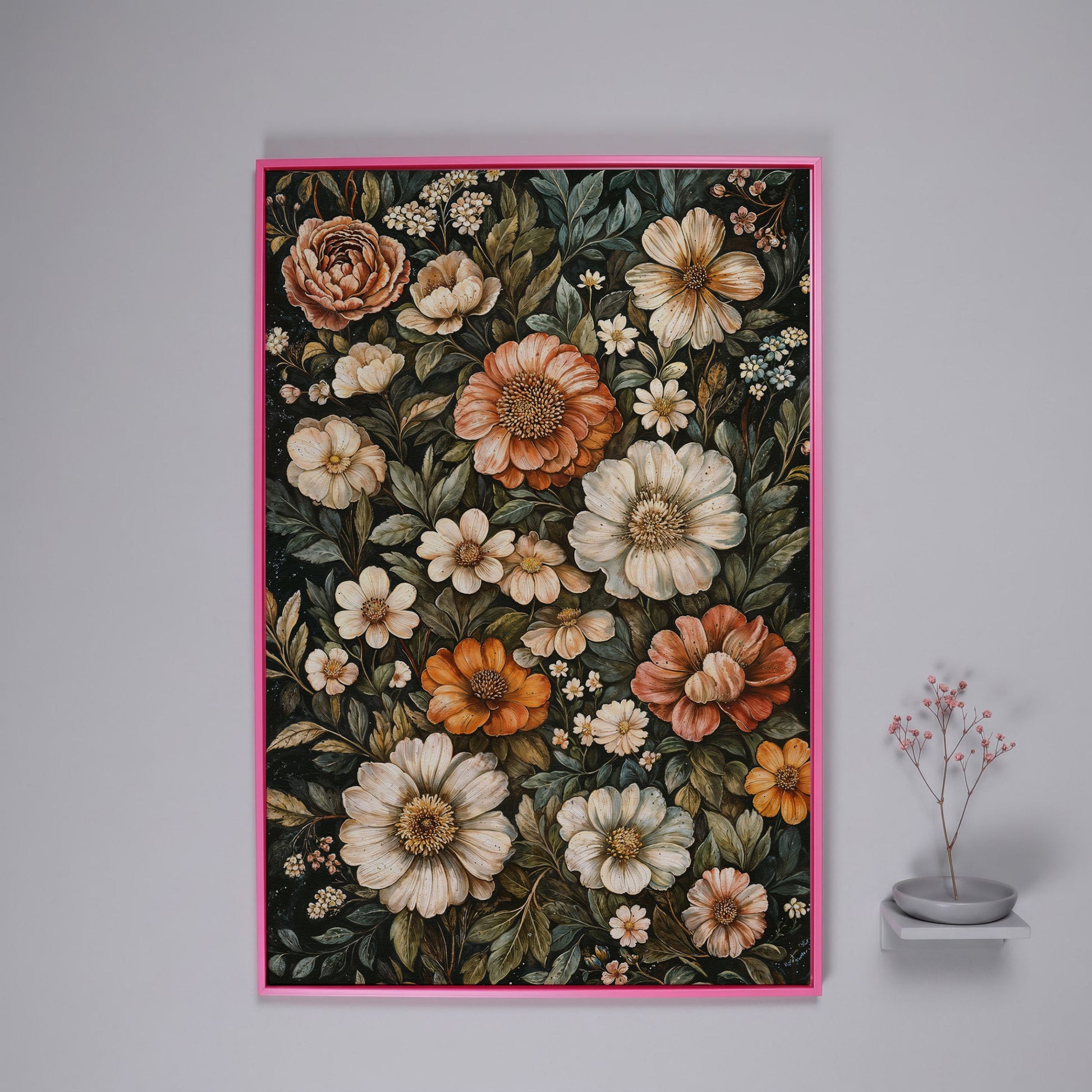 William Morris Floral Canvas Print, Olive & Burnt Sienna on Dark in pink floating frame