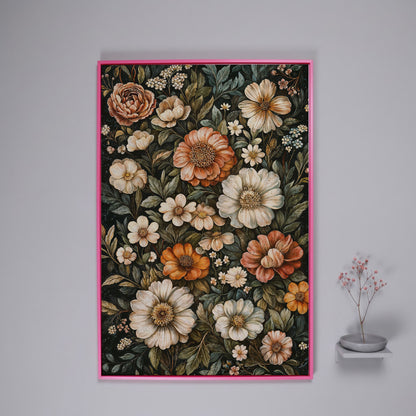 William Morris Floral Canvas Print, Olive & Burnt Sienna on Dark in pink floating frame