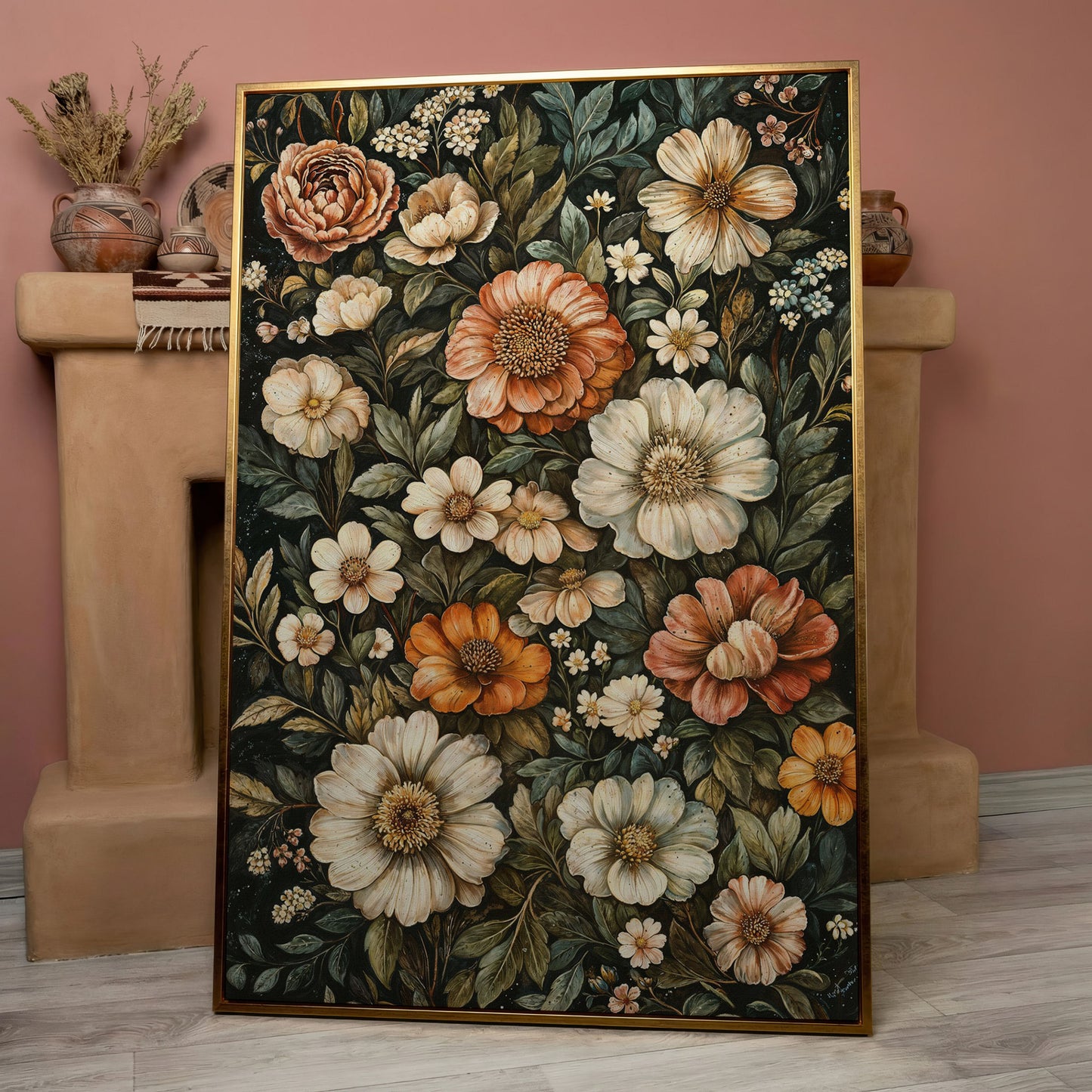 William Morris Floral Canvas Print, Olive & Burnt Sienna on Dark in rose gold floating frame