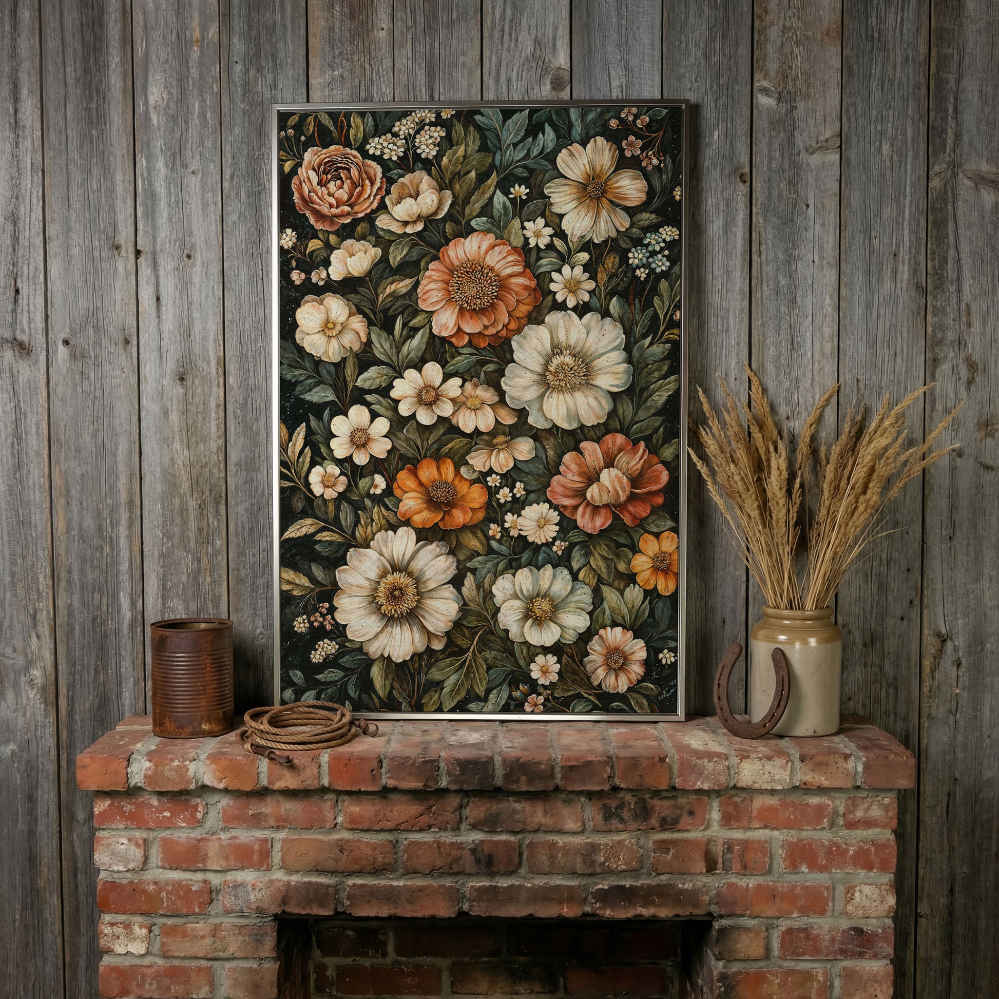 William Morris Floral Canvas Print, Olive & Burnt Sienna on Dark in silver floating frame