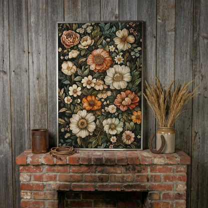 William Morris Floral Canvas Print, Olive & Burnt Sienna on Dark in silver floating frame
