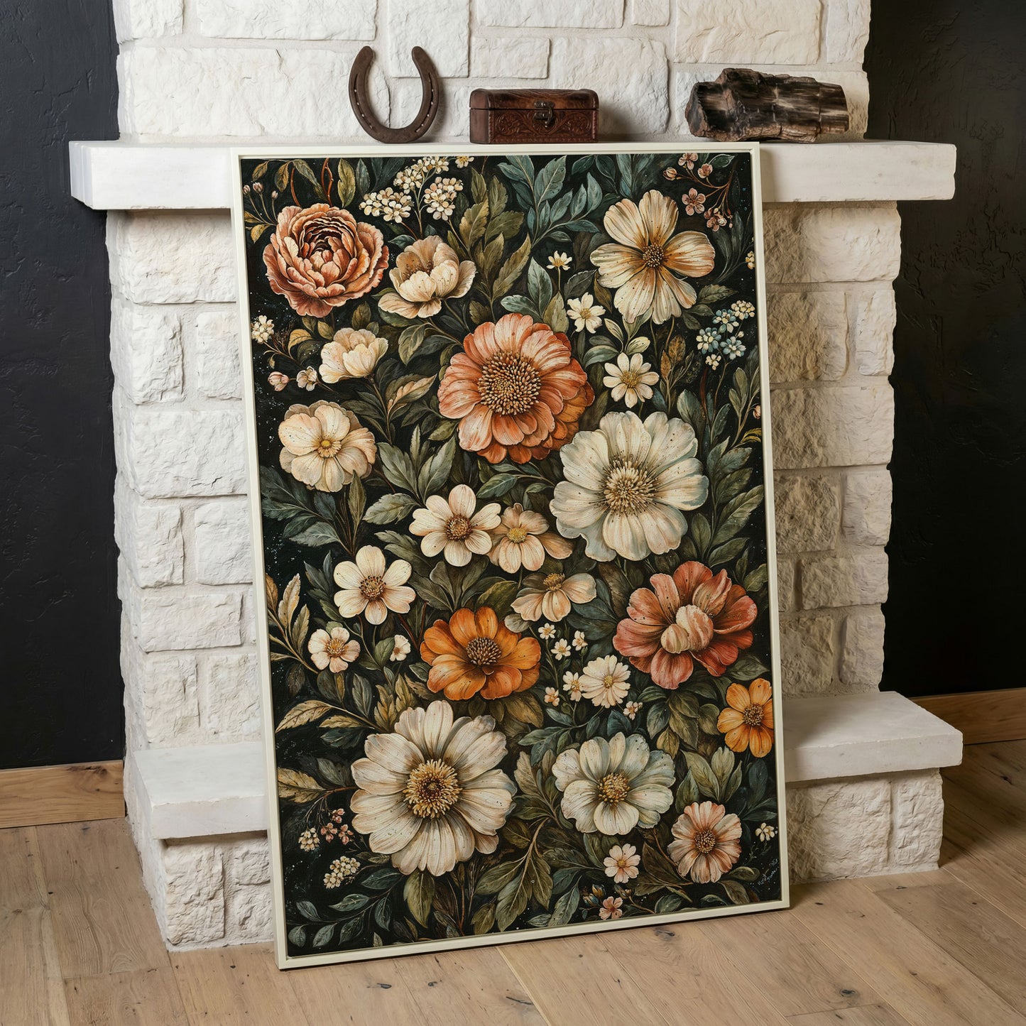 William Morris Floral Canvas Print, Olive & Burnt Sienna on Dark in white floating frame