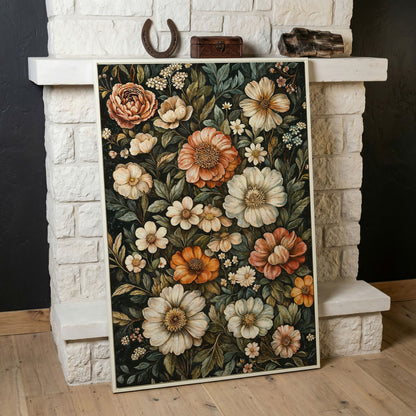 William Morris Floral Canvas Print, Olive & Burnt Sienna on Dark in white floating frame