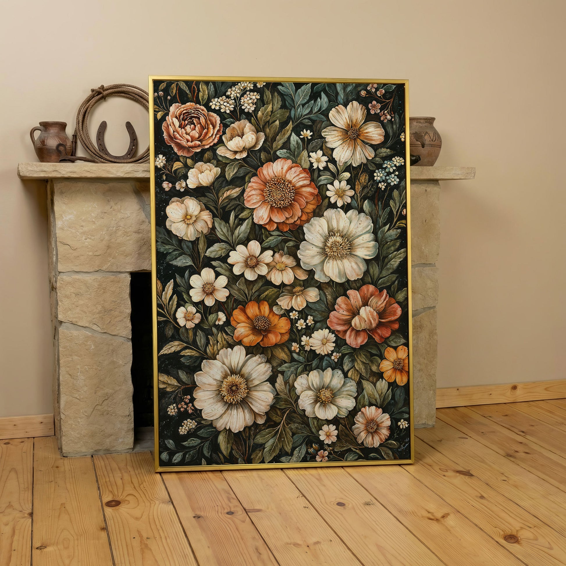William Morris Floral Canvas Print, Olive & Burnt Sienna on Dark in yellow gold floating frame