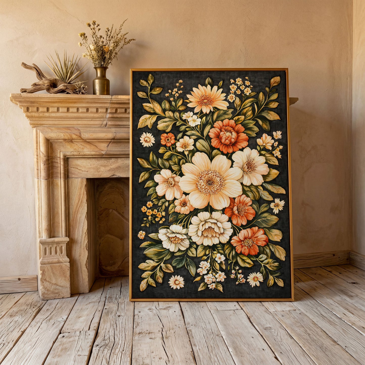 William Morris Botanical Canvas, Ochre & Sage Floral in antique gold floating frame