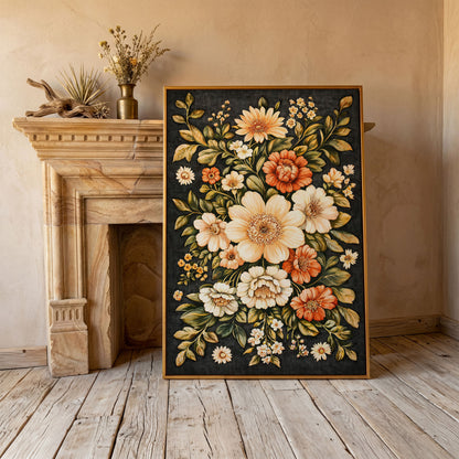 William Morris Botanical Canvas, Ochre & Sage Floral in antique gold floating frame