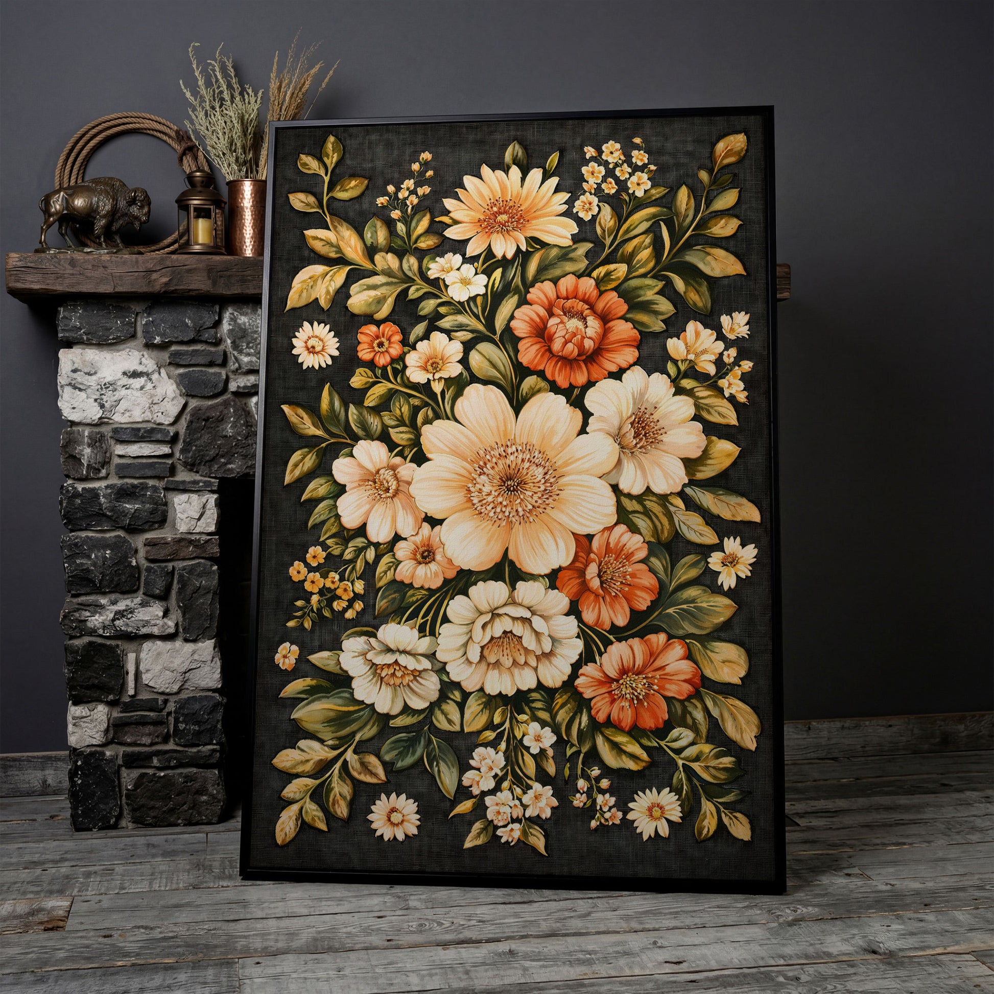 William Morris Botanical Canvas, Ochre & Sage Floral in black floating frame