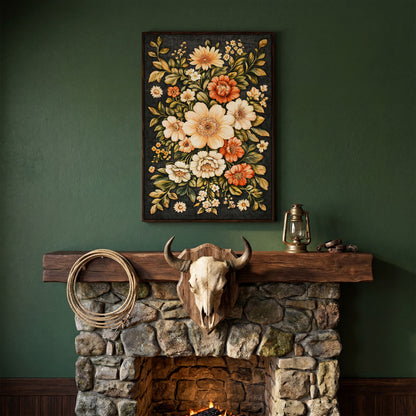 William Morris Botanical Canvas, Ochre & Sage Floral in dark walnut floating frame