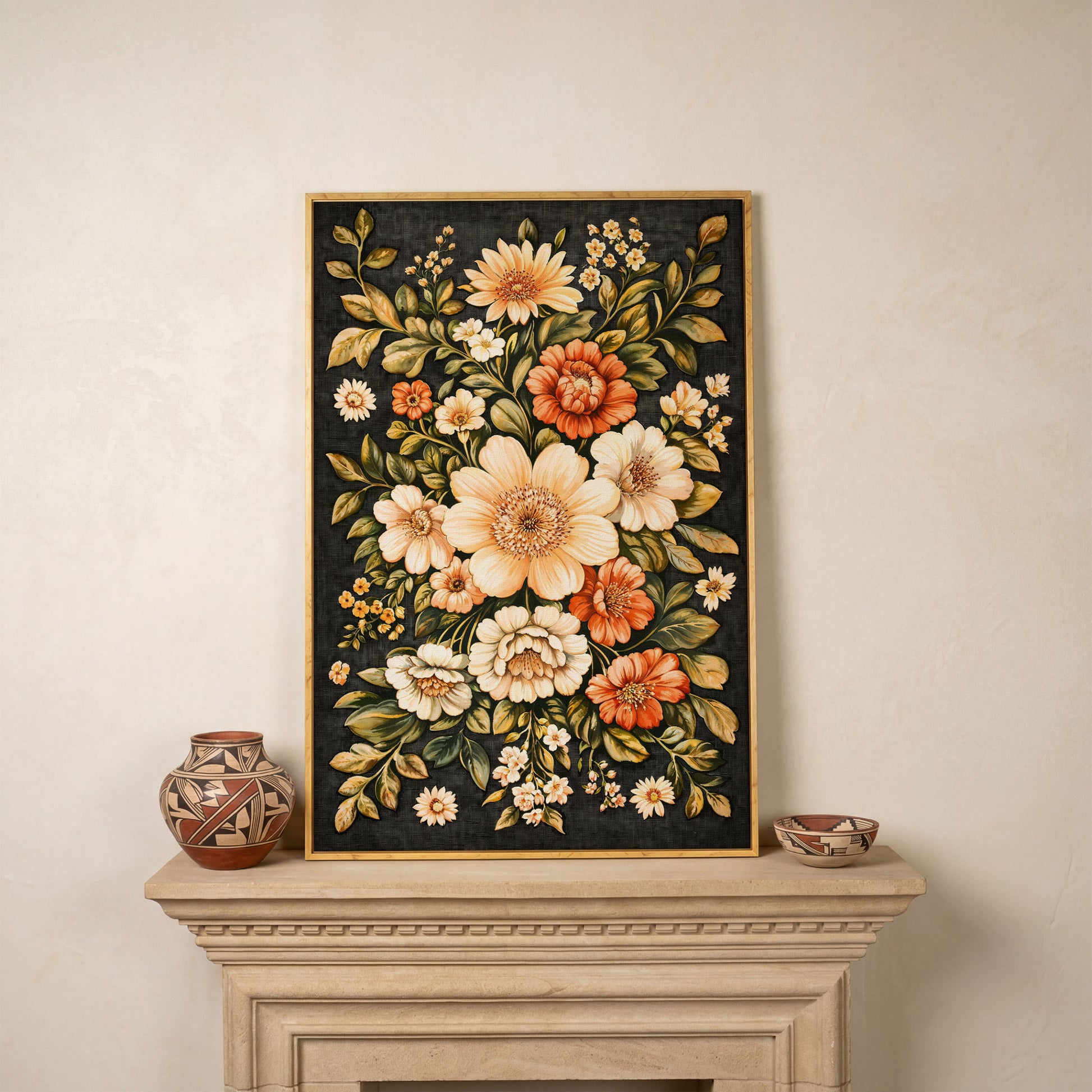 William Morris Botanical Canvas, Ochre & Sage Floral in white oak floating frame