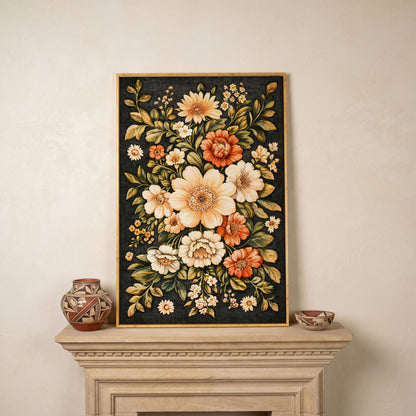 William Morris Botanical Canvas, Ochre & Sage Floral in white oak floating frame