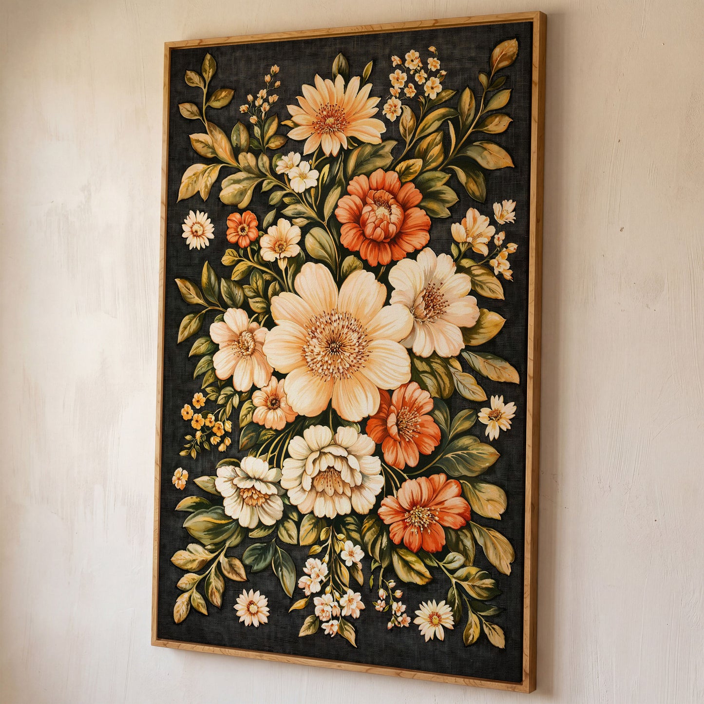 William Morris Botanical Canvas, Ochre & Sage Floral shown in white oak floating frame