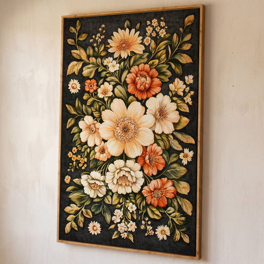 William Morris Botanical Canvas, Ochre & Sage Floral shown in white oak floating frame