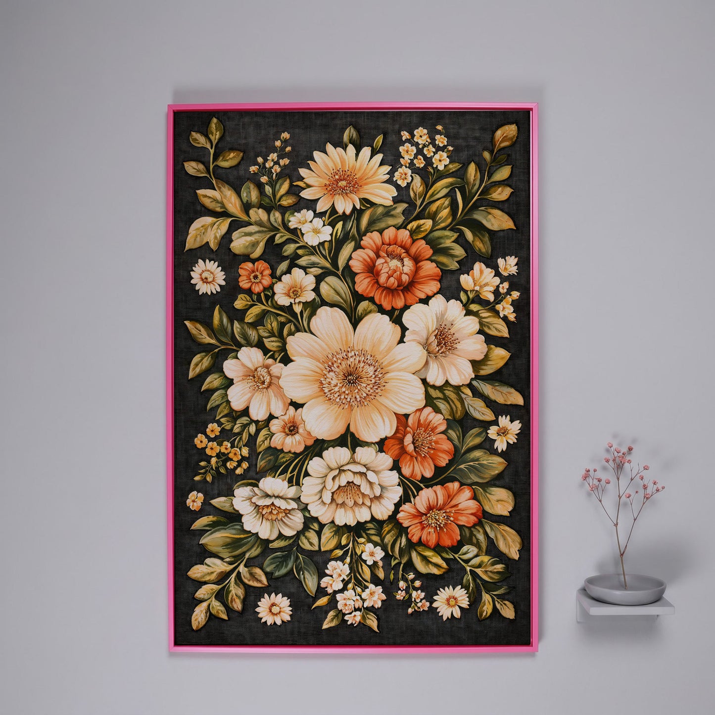 William Morris Botanical Canvas, Ochre & Sage Floral in pink floating frame