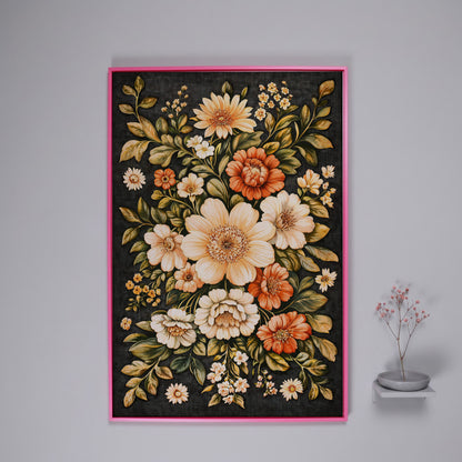 William Morris Botanical Canvas, Ochre & Sage Floral in pink floating frame