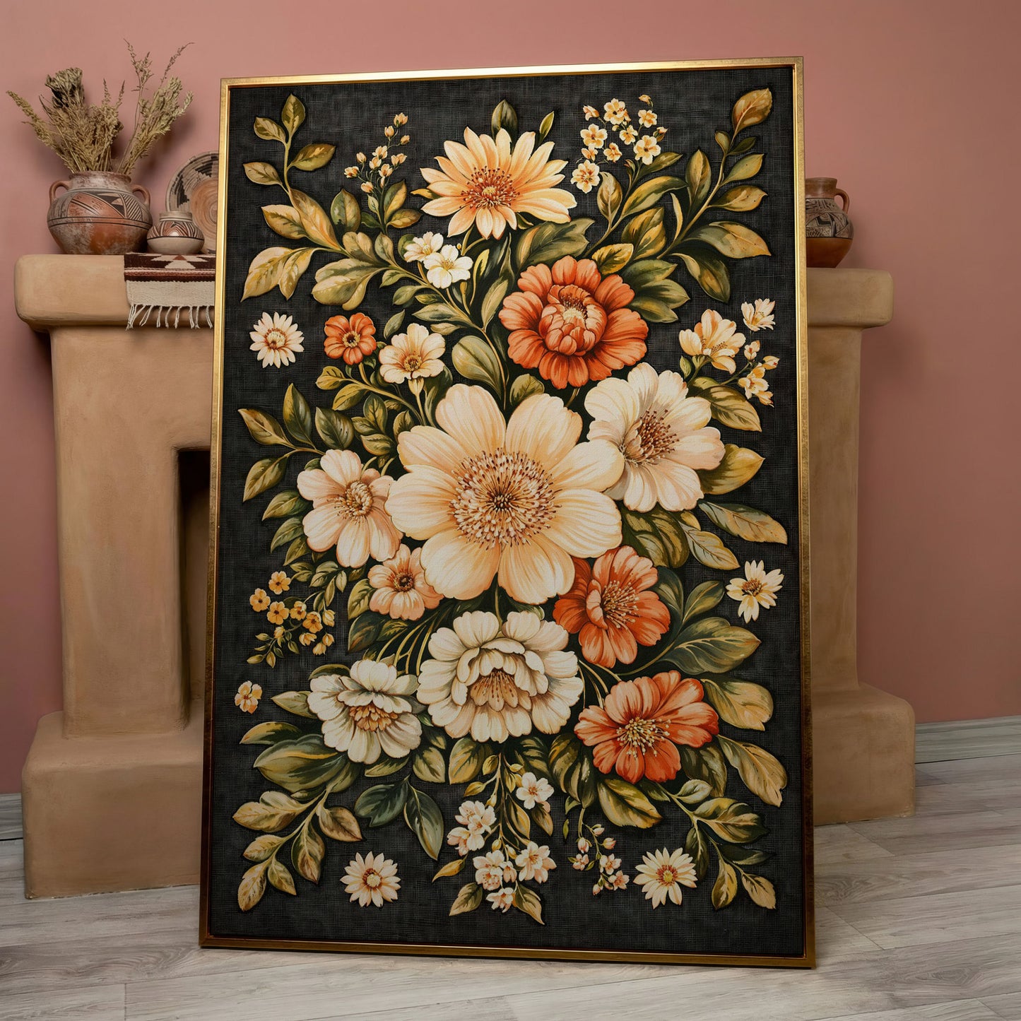 William Morris Botanical Canvas, Ochre & Sage Floral in rose gold floating frame