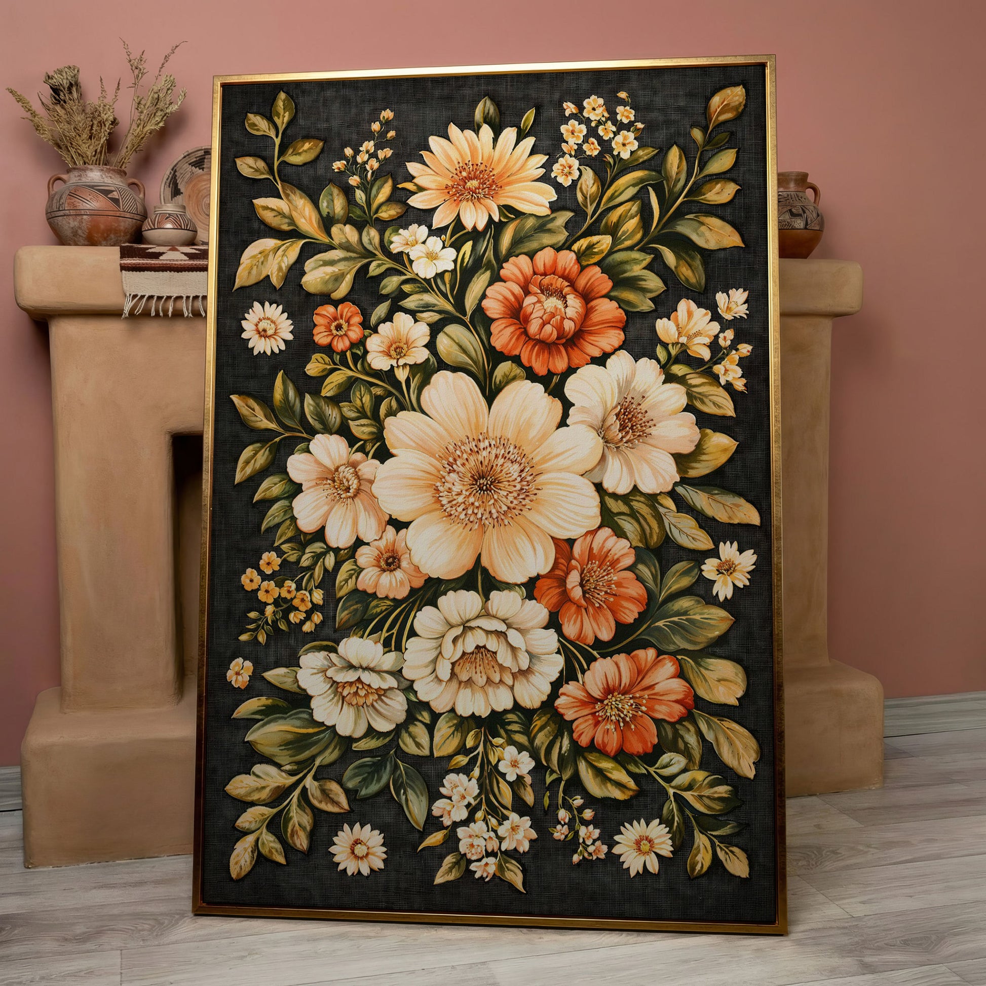 William Morris Botanical Canvas, Ochre & Sage Floral in rose gold floating frame