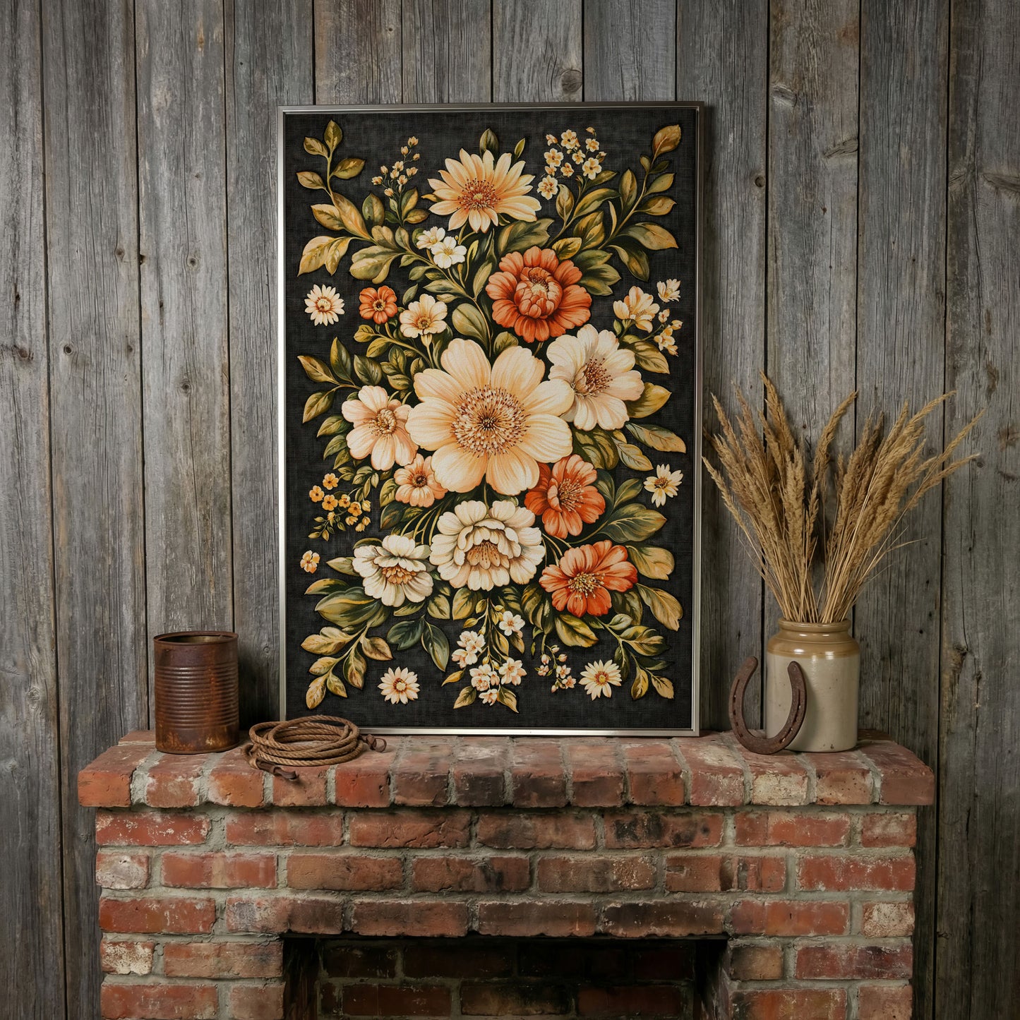 William Morris Botanical Canvas, Ochre & Sage Floral in silver floating frame