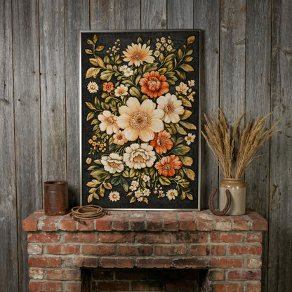 William Morris Botanical Canvas, Ochre & Sage Floral in silver floating frame