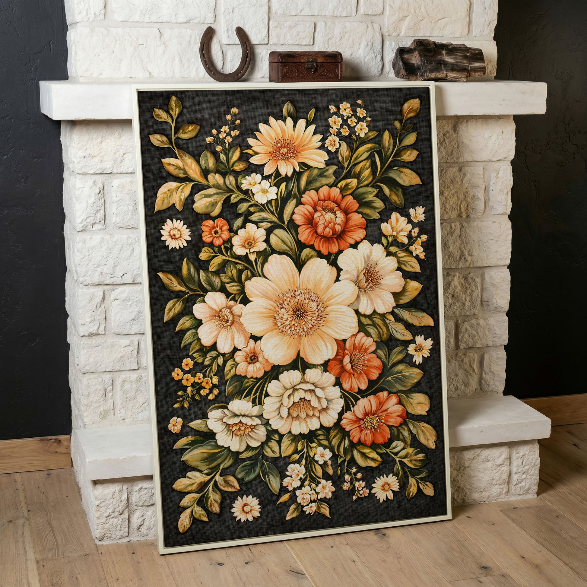William Morris Botanical Canvas, Ochre & Sage Floral in white floating frame